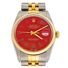 Vintage Rolex Yellow Gold Stainless Steel Datejust Custom Red Dial Wristwatch Ref 16013
