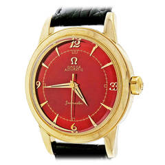 Omega Yellow Gold Seamaster Automatic Custom Red Dial Wristwatch