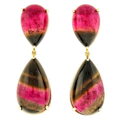 Peter Suchy Pink and Green Cabochon Tourmaline Yellow Gold Dangle Earrings