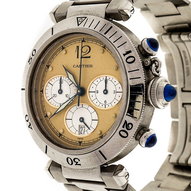 Cartier Stainless Steel Pasha Chronograph Wristwatch, Quartz Movement, 38mm, Two-Tone Dial.

Stainless Steel
Bracelet length: 7 3/8 inches
Case length: 45mm
Width: 38.5mm
Bracelet width at case: Steel Cartier
Case thickness: 11mm
Crystal: