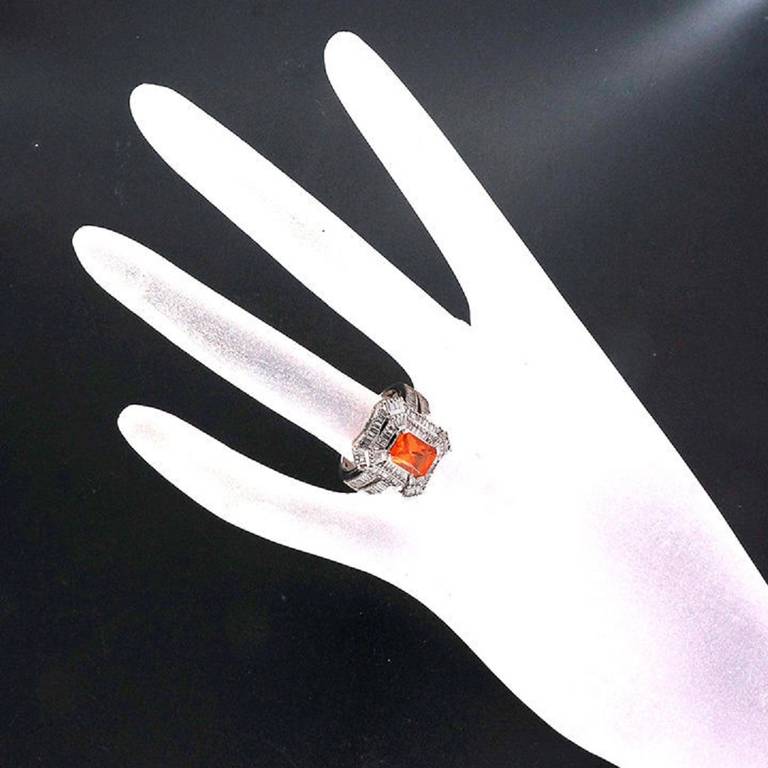 Women's Yellow Orange Natural Spessartite Garnet Baguette Diamond Ring