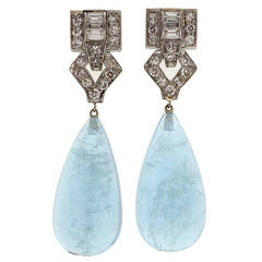 Antique Aquamarine Diamond Platinum Dangle Earrings