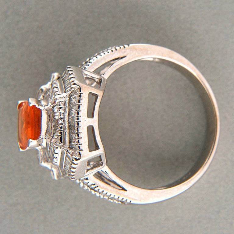 Yellow Orange Natural Spessartite Garnet Baguette Diamond Ring In Good Condition In Stamford, CT