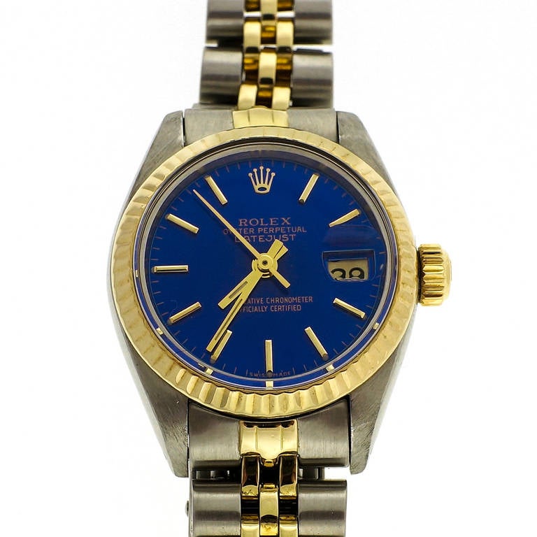 Rolex Lady's Stainless Steel and Gold Datejust Watch With Custom-Colored Dial In Good Condition In Stamford, CT