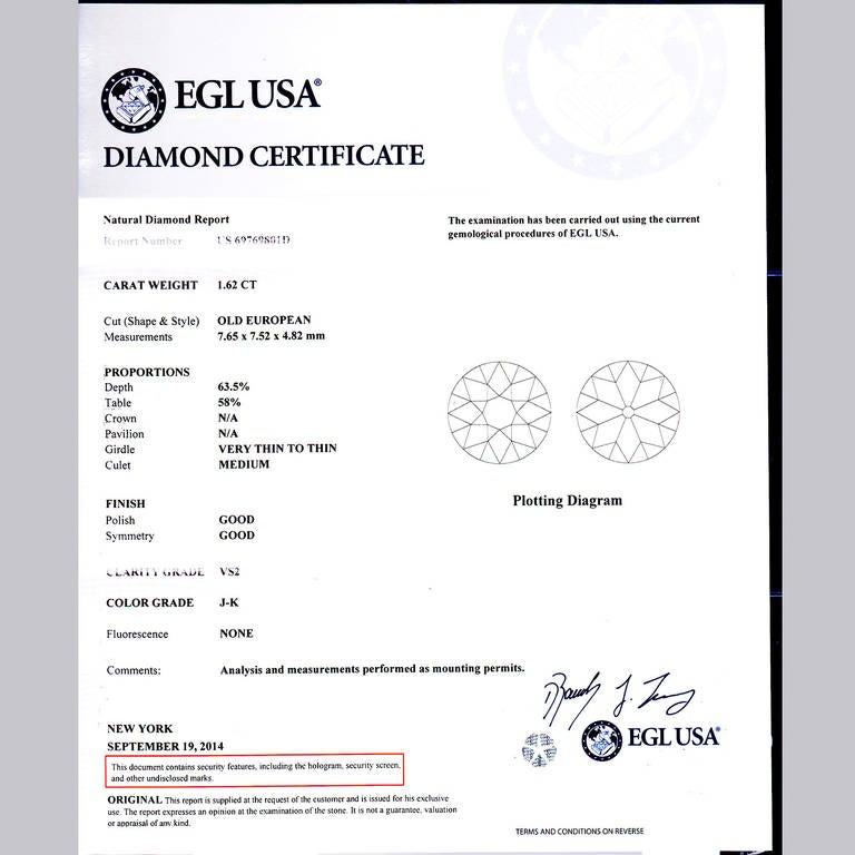 Old European Cut EGL Certified 1.62 Carat Certified Art Deco Diamond Platinum Engagement Ring
