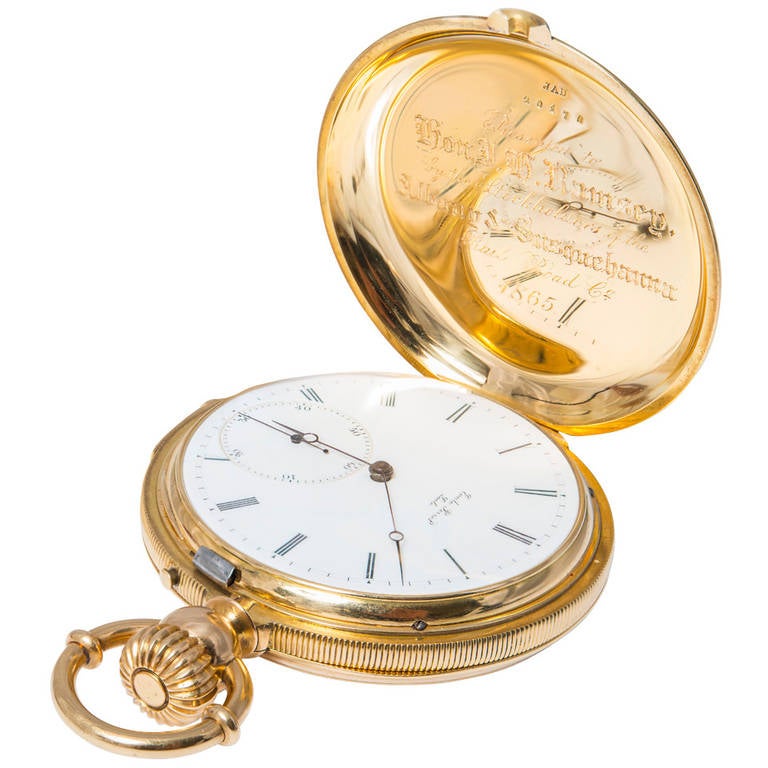 A & S Railroad Gold Minute Repeating Pocket Watch Presented to J.H. Ramsey, 1865 For Sale