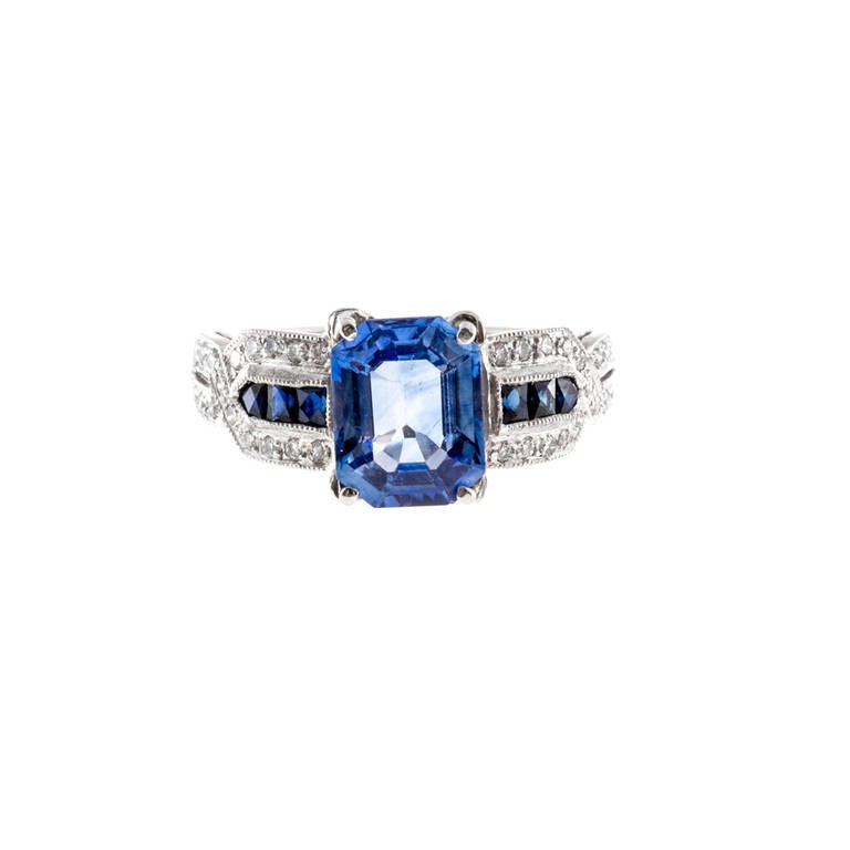 Ceylon Sapphire and French Cut Sapphire Diamond Platinum Ring In Good Condition In Stamford, CT