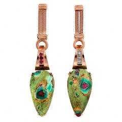 Peter Suchy Pear Shaped Zoisite Ruby Diamond Gold Dangle Earrings