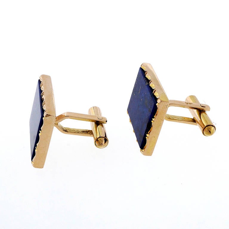 18k yellow gold 1960's natural Lapis cuff links with Iron Pyrite. Rare undyed Lapis.

2 Lapis, bright blue with gold flecks, 20.2 x 14mm, Lapis Lazuli, GIA certificate #2165009631.
18k Yellow gold
Stamped: 18k
Tested: 18k
17.7 grams
Top to
