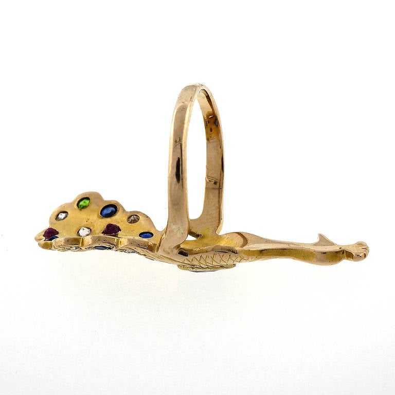 Sapphire Ruby Emerald Diamond Yellow Gold Peacock Ring
