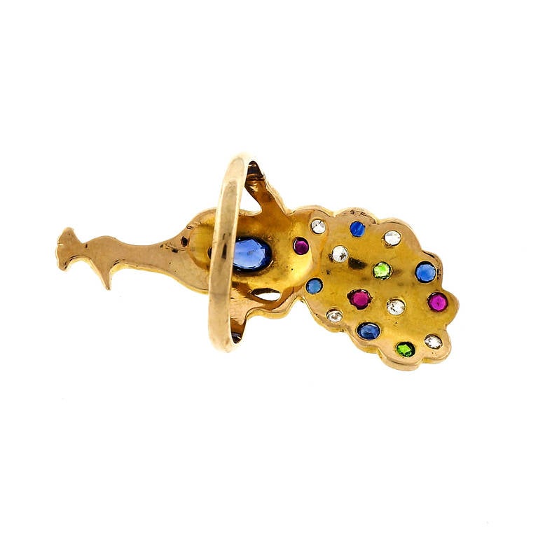 Sapphire Ruby Emerald Diamond Yellow Gold Peacock Ring In Good Condition In Stamford, CT