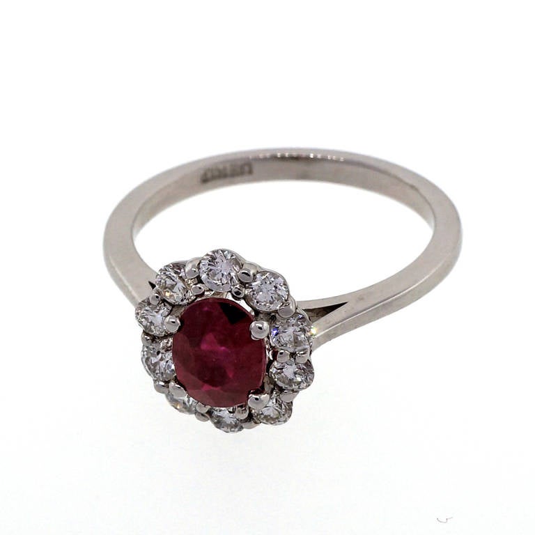 Oval Ruby Diamond White Gold Cluster Ring In Good Condition In Stamford, CT