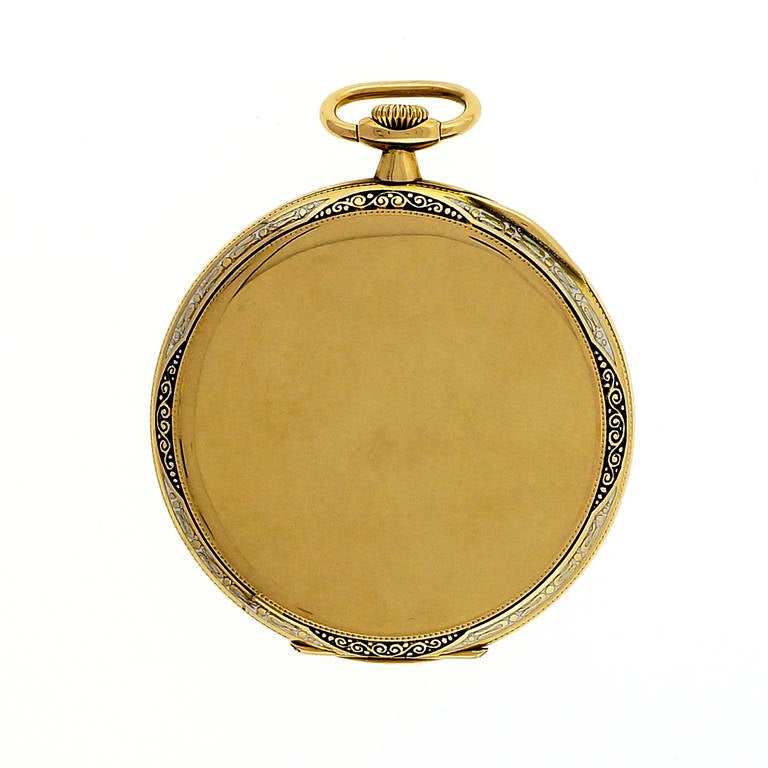 CH. F. Tissot & Fils 18k yellow gold pocket watch, circa 1930s. Art Deco. black and white enamel on front and back bezels. Beautiful highly detailed dial. 

18k Yellow Gold
Width: 45.8mm
Case thickness: 9.21mm
Dial: Highly detailed CH. F.