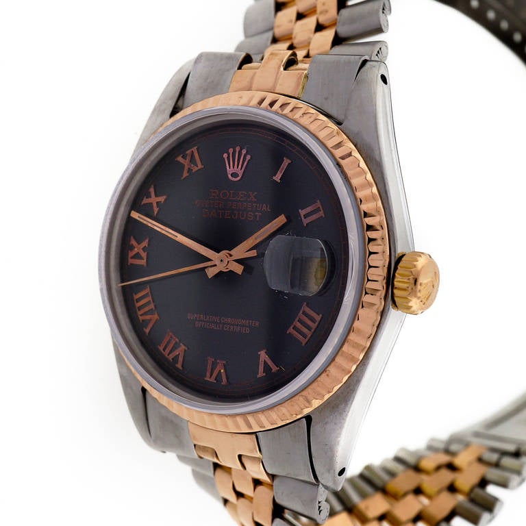 Rolex Stainless Steel and Rose Gold Datejust Wristwatch Ref 1601 circa 1972 In Good Condition In Stamford, CT