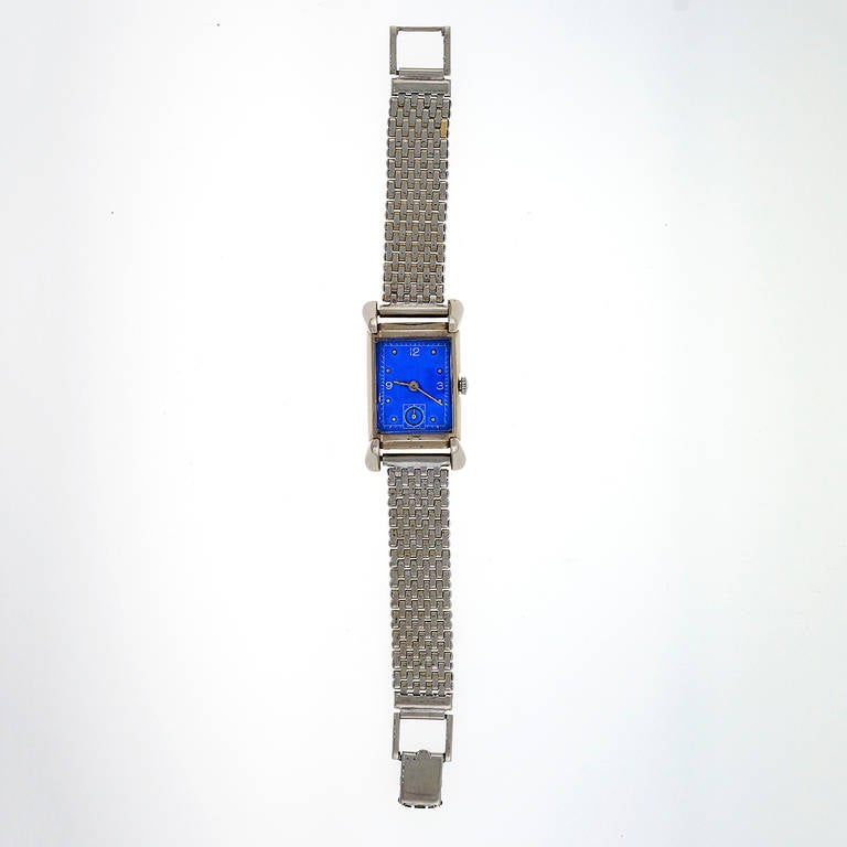 Bulova 14k White Gold Academy Award Wristwatch with Custom-Colored Dial, circa 1949. 21-jewel manual-wind movement, with matching white gold bracelet. From the Academy Award line from Bulova produced for only two years with very few verifiable