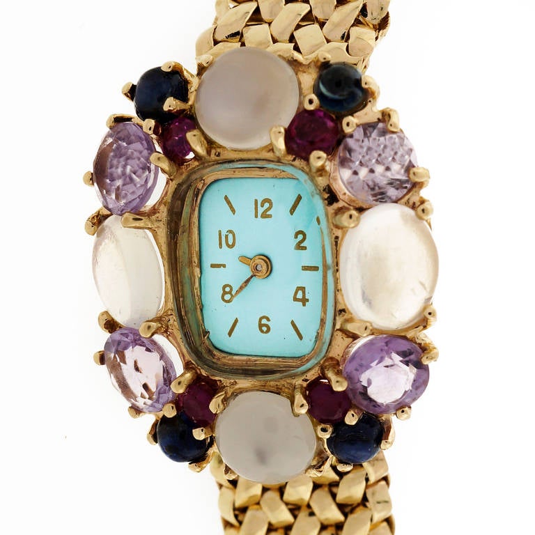 Lady's Yellow Gold Multi-Stone Wristwatch circa 1950s For Sale at 1stdibs