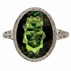 Art Deco Green Tourmaline Filigree Platinum Ring