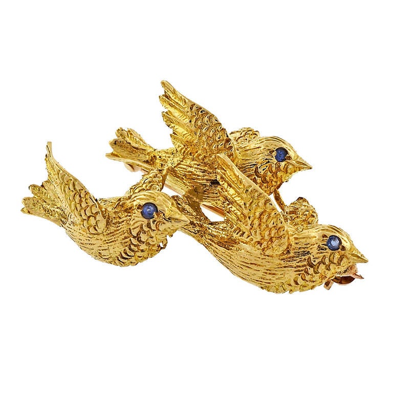 Tiffany & Co. Sapphire Yellow Gold 3-D Triple Bird Brooch 