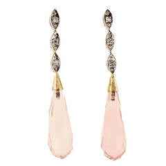 Rose Pink Quartz Diamond White Gold Chandelier Dangle Earrings
