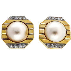 Vintage Mabe Pearl Diamond Yellow Gold Clip Post Earrings