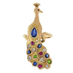 Vintage Sapphire Ruby Emerald Diamond Yellow Gold Peacock Ring