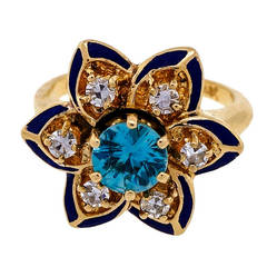 Black Enamel Blue Zircon Diamond Yellow Gold Flower Ring 1