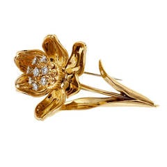 Mid Century Diamond Yellow Gold Flower Pin 11
