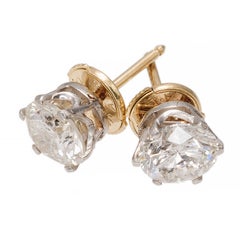 Vintage Crown Style Diamond Yellow and White Gold Stud Earrings