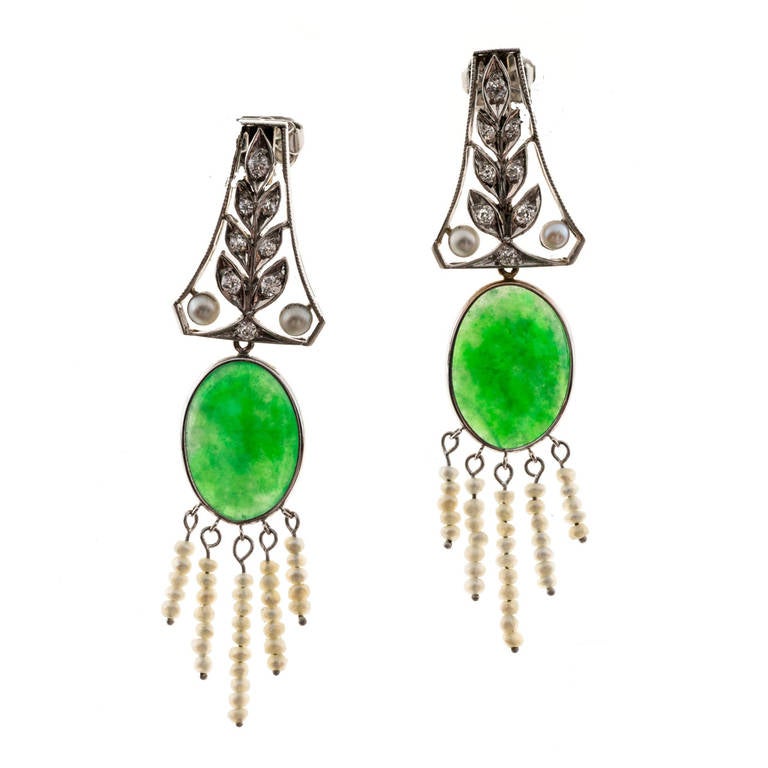 Natural Jadeite Jade Pearl Diamond Platinum Earrings For Sale at 1stdibs