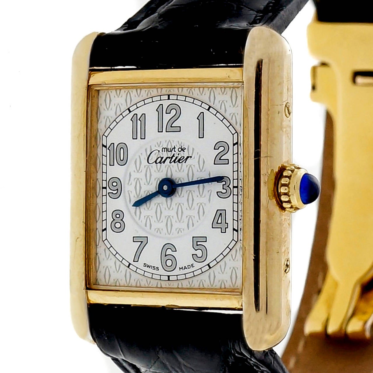 Cartier Gilt Silver Vermeil Must de Cartier Tank Wristwatch, manual-wind movement.

Gilt Silver
Length: 30mm
Width: 22mm
Strap width at case: 16mm
Case thickness: 6mm
Dial: Rare white detailed Cartier dial
Outside case: Must De Cartier