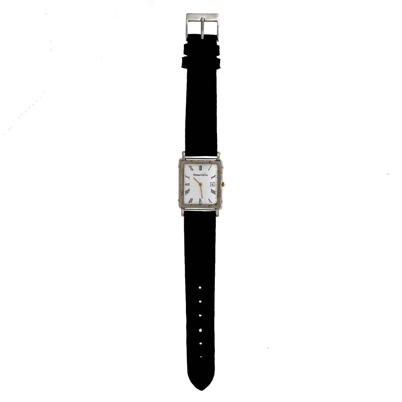 Tiffany & Co Stanless Steel Rectangular Quartz Wristwatch

Stainless Steel
Length: 36.95mm
Width: 25mm
Strap width at case: 18mm
Case thickness: 5.63mm
Outside case: 60057
Inside case: Alexis Barthelay Paris Geneve OR 18k ET Acier
Movement:
