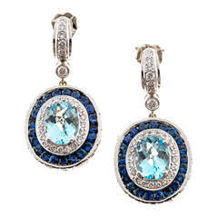 Charles Krypell Oval Aqua Sapphire Diamond White Gold Earrings 9