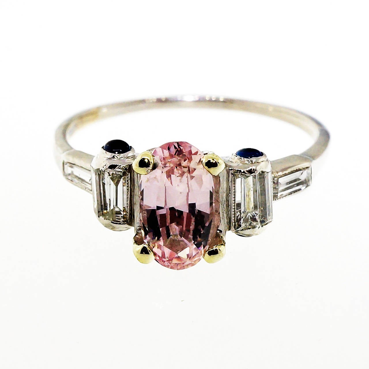 Art Deco Natural Pink Sapphire Diamond Platinum Engagement Ring 4