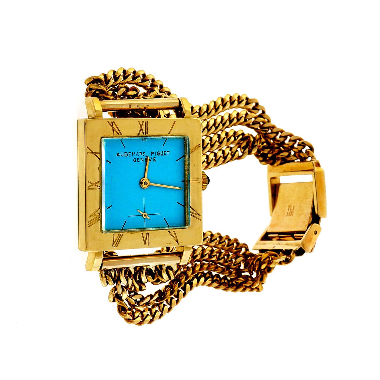Audemars Piguet Lady's Yellow Gold Wristwatch with Refinished Custom-Colored Robins Egg Blue DialDial circa 1960s.Beuatiful fashion watch,Original 1960s  AUDEMARS Piquet case and movement,refinishes Piquet Dial.Solid Gold 4 row 18k later watch