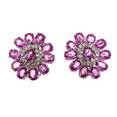 Pink Sapphire Diamond White Gold Cluster Earrings 12