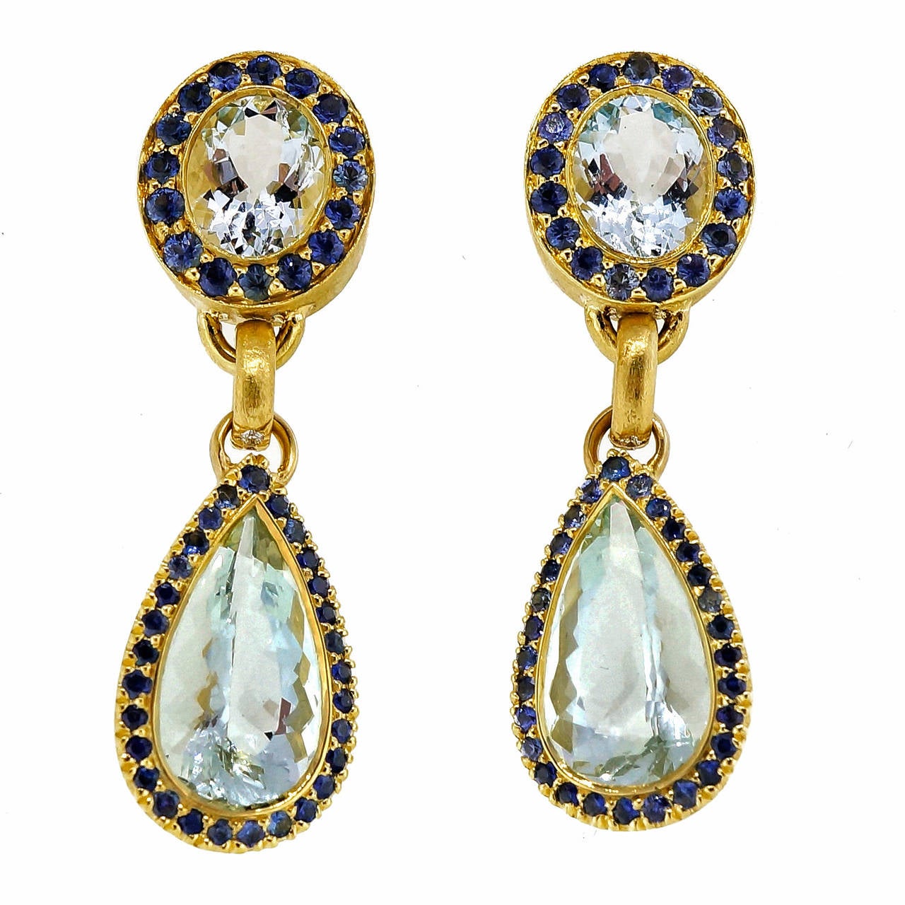 Aqua Sapphire Diamond Yellow Gold Dangle Earrings at 1stDibs