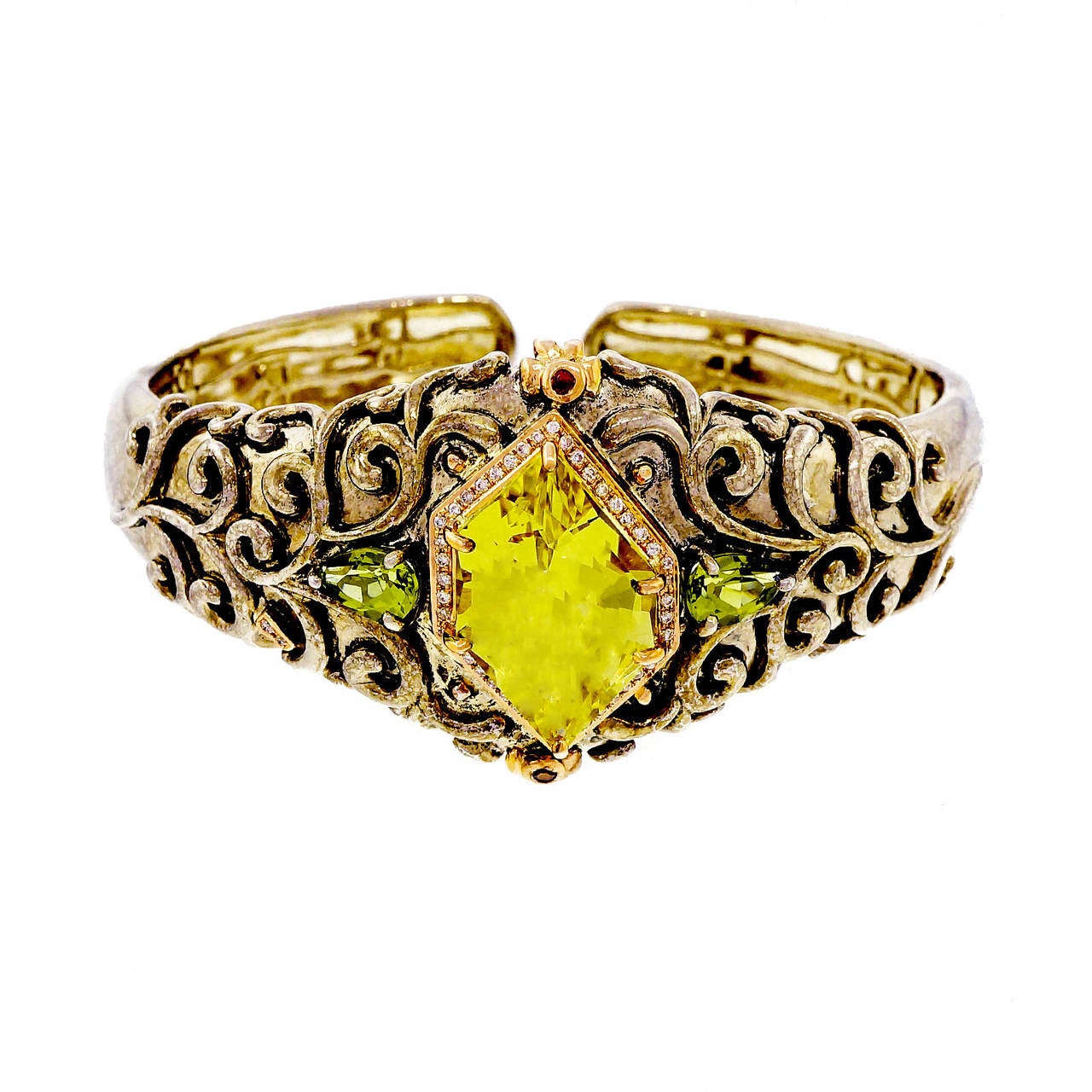 Bellari Green Quartz Peridot Diamond Silver Pink Gold Bangle Bracelet