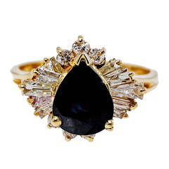 Sapphire Round Baguette Diamond Yellow Gold Ring 2