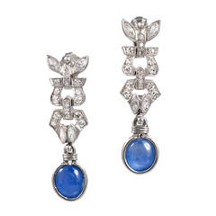 Cabochon Sapphire Diamond Platinum Dangle Earrings 9