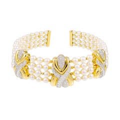 4 Row Pearl Diamond Yellow Gold Collar Necklace 10