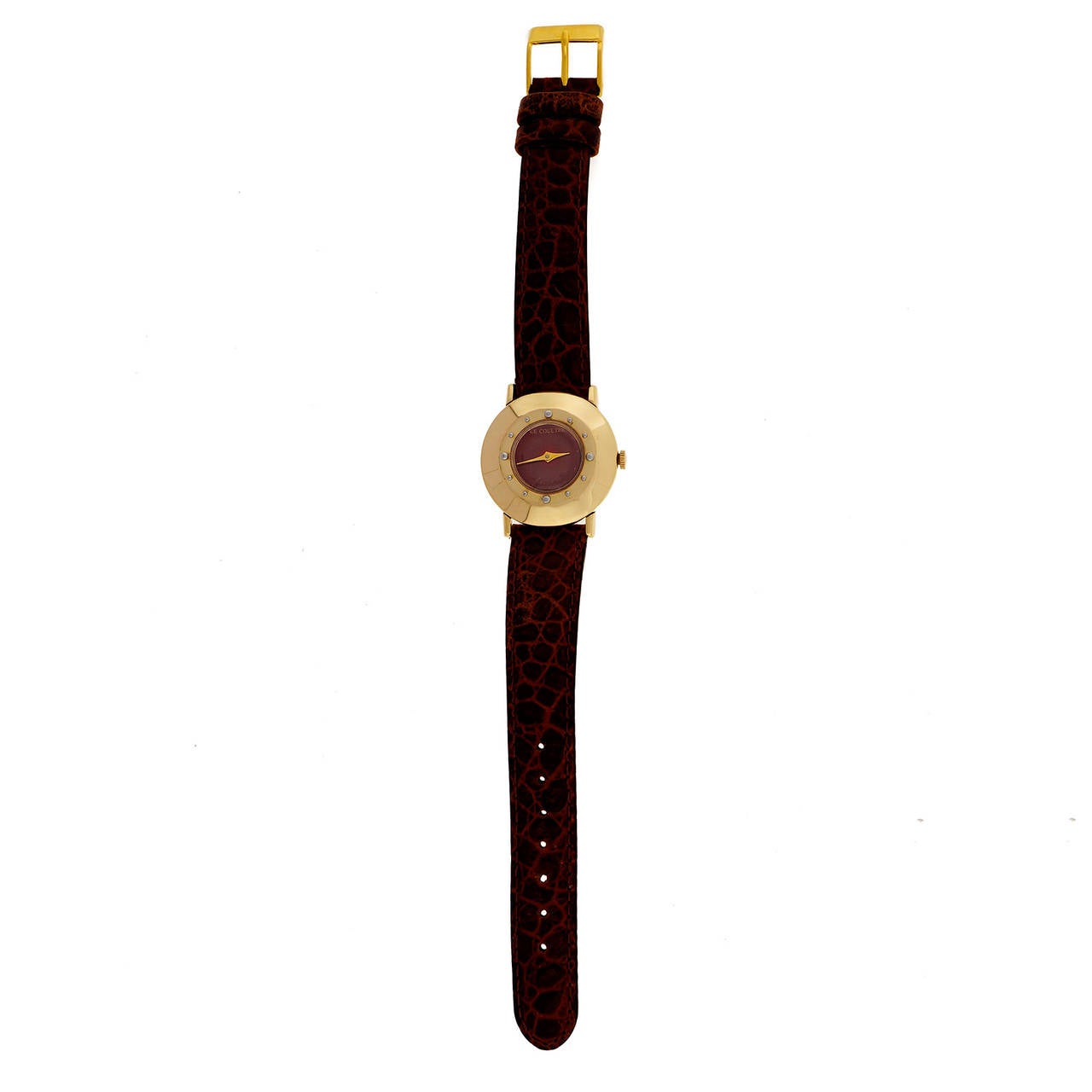 LeCoultre Lady's 14k Yellow Gold Wristwatch with Custom-Colored Dial, circa 1950s

14k Yellow Gold
Length: 32.58mm
Width: 29.12mm
Strap width at case: 16mm
Case thickness: 8.5mm
Dial: Custom-colored red
Movement: 480 CW LeCoultre Co Swiss 17