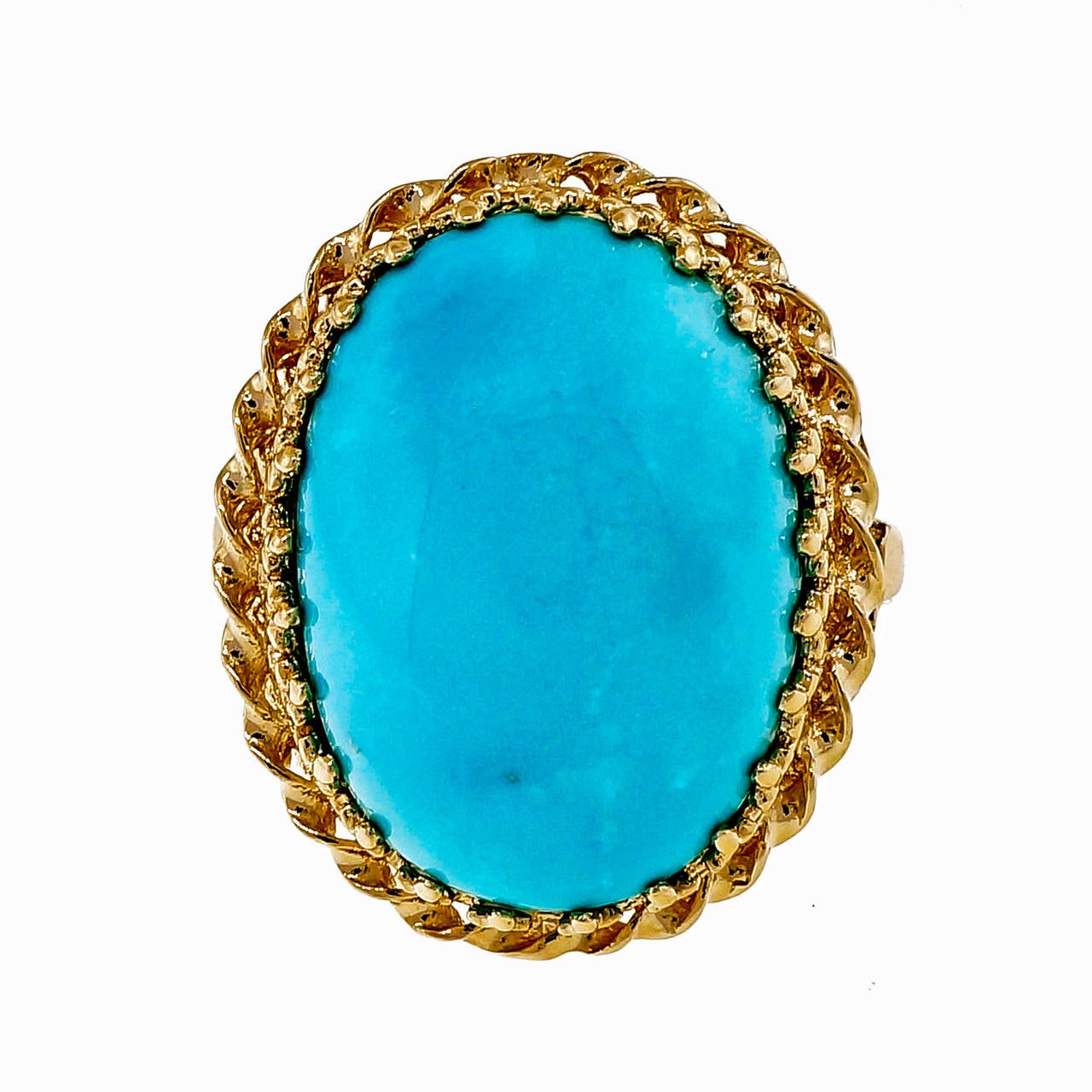 1940-1950 late Retro 14k pink gold natural bright Robins Egg blue totally natural Persian Turquoise ring.

1 bright blue natural Persian Turquoise, approx. total weight 18.00ct, natural
14k pink gold
10.1 grams
Tested and stamped: 14k
Width at