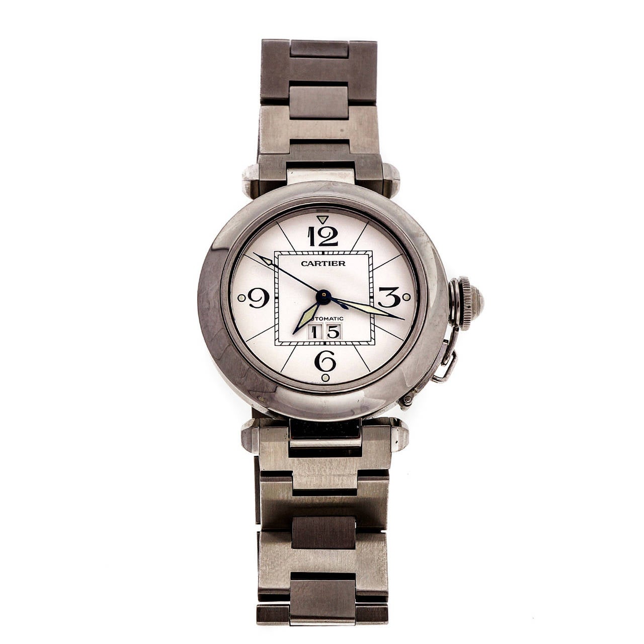 Cartier Stainless Steel Pasha Automatic Wristwatch with Date

Stainless steel
Length: 42.19mm
Width: 35.3mm
Bracelet Length: 7 3/8 inches
Case thickness: 9.72mm
Outside case: Pasha De Cartier Automatic 814149 UF 2475
Movement: Cartier 31
