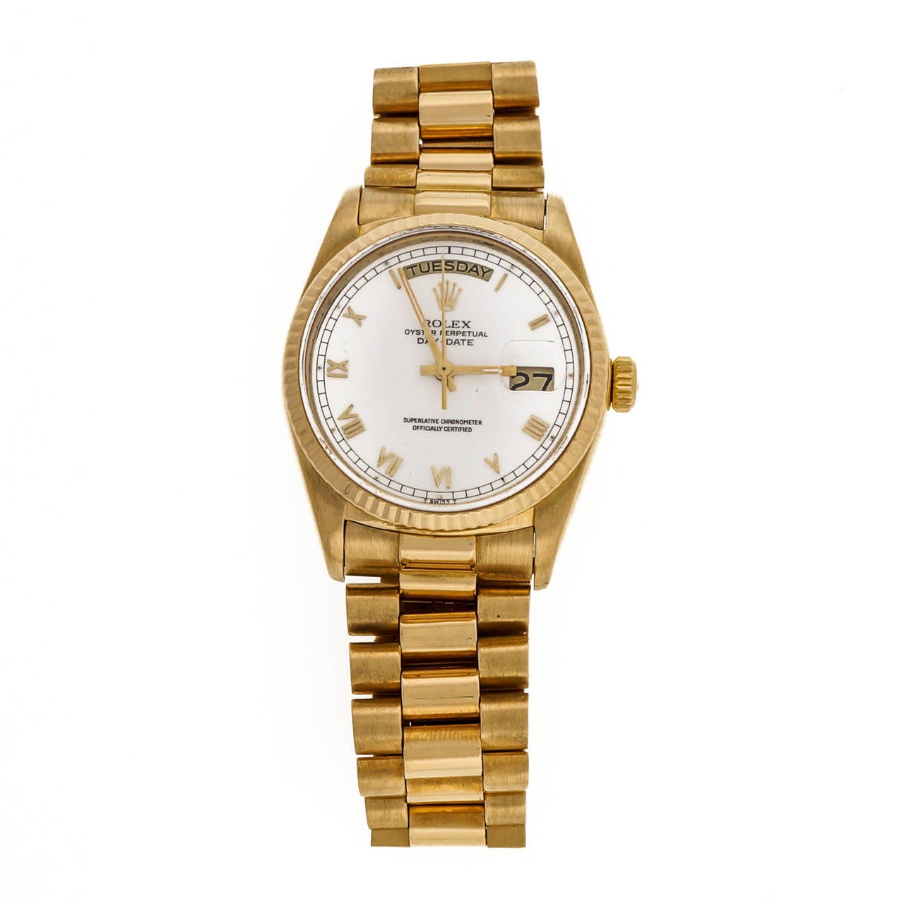 Rolex 18k Yellow Gold Day-Date President Wristwatch, Ref. 18108, with white dial, Roman numerals. Sapphire crystal. Single-quickset date. Circa 1985.

18k Yellow gold
Length: 43.54mm
Width: 36mm
Case thickness: 1212.4mm
Bracelet width at case: