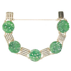 GIA Certified Art Deco Carved Natural Jadeite Jade Gold Bracelet