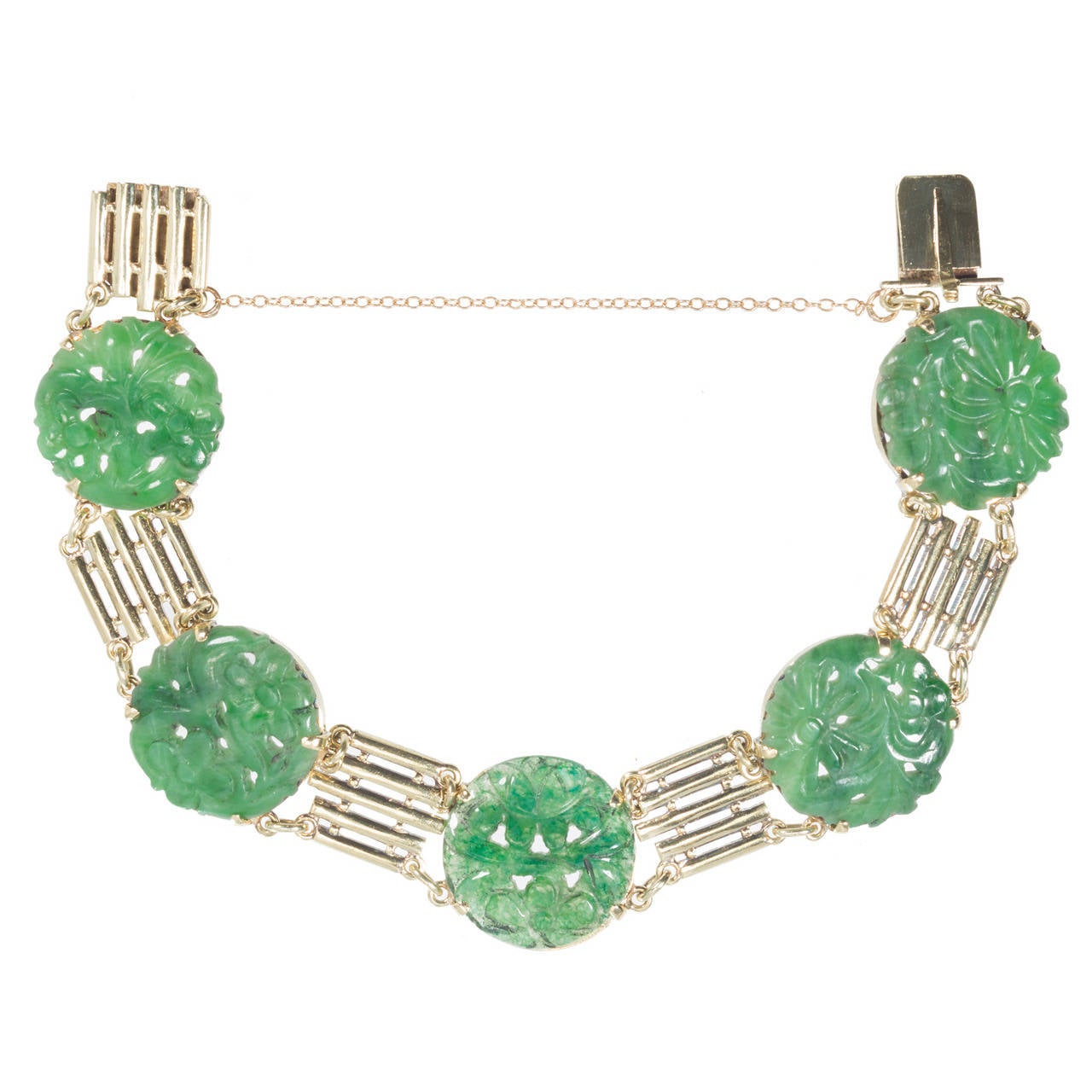 Art Deco Carved Natural Jadeite Jade Gold Bracelet For Sale at 1stdibs