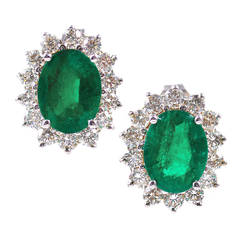 Oval Green Emerald Diamond Yellow Gold Earrings 12