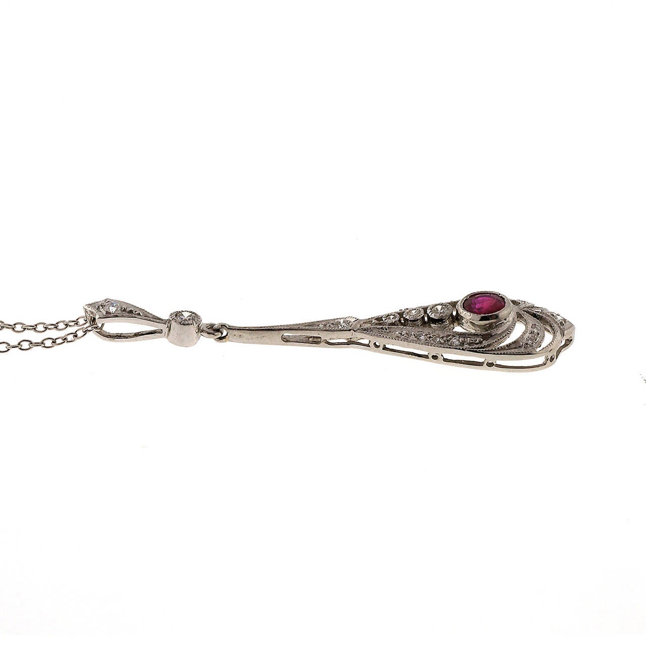 Women's Art Deco Ruby Diamond Filigree Platinum Pendant Necklace