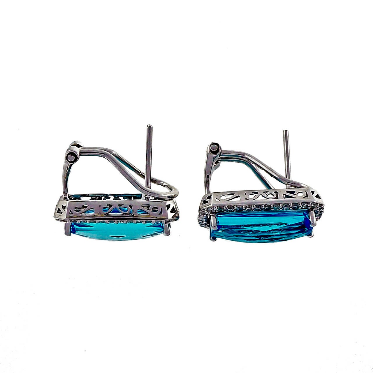 Blue Topaz Diamond White Gold Clip Post Earrings In Good Condition In Stamford, CT