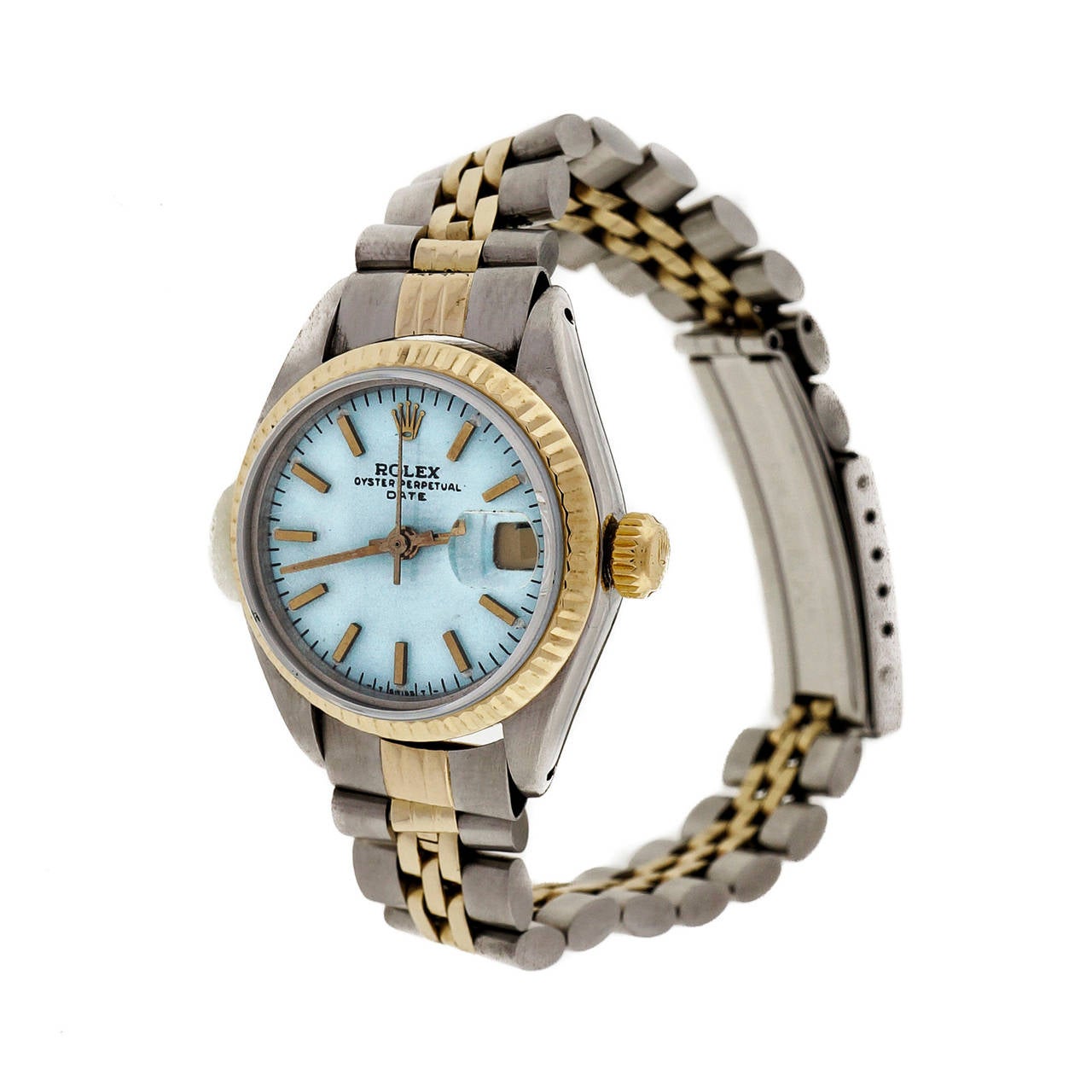 Very nice ladies Oyster Perpetual Date 14k yellow gold and steel Rolex watch with Original Rolex dial that has been refinished and custom colored by Peter Suchy with a bright  Turquoise blue dial and Sapphire crystal. Wonderful example of